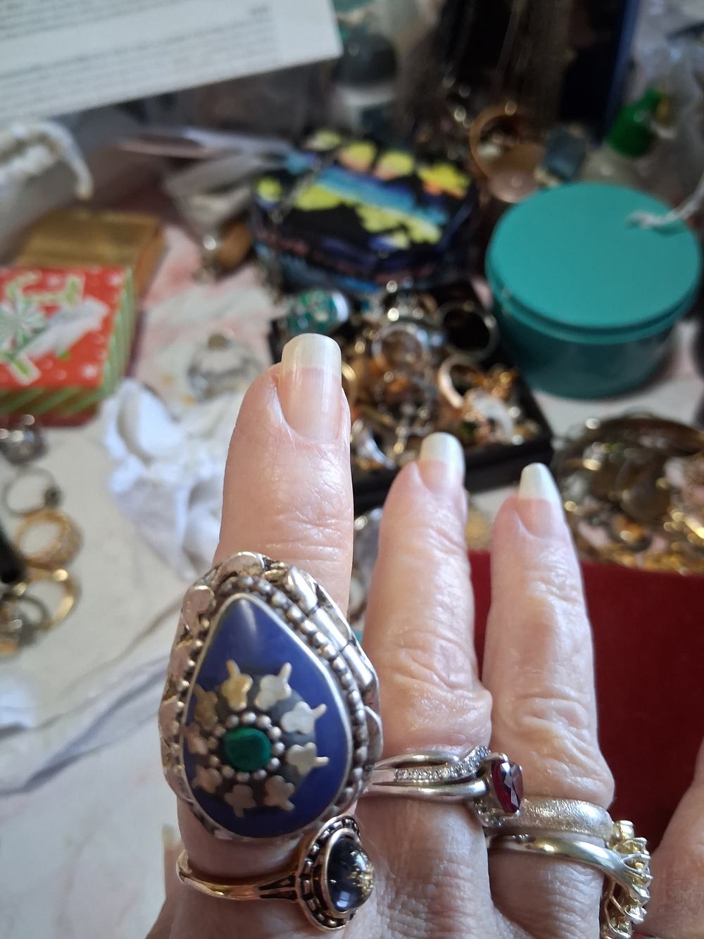 Source Unknown Blue Teardrop Ring with Green Center